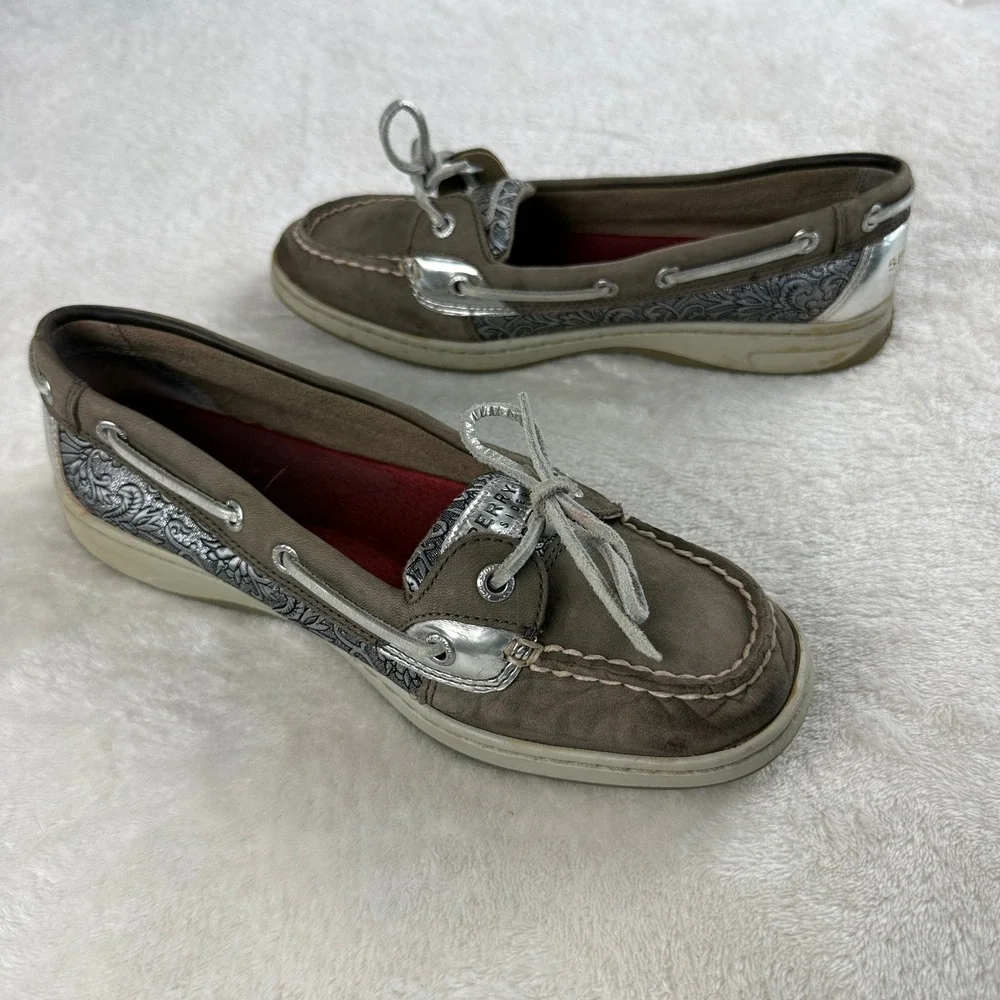 Sperry Top Sider Angelfish Boat Shoe Women 8 Brown Leather Metallic Panel Preppy